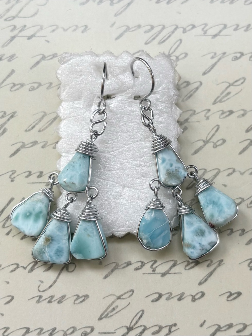 Handcrafted Silver Tone Wire Larimar Chandelier Earrings Light Blue